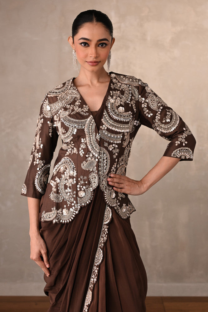 Smoky Crepe Drape Saree With Embroidered Jacket