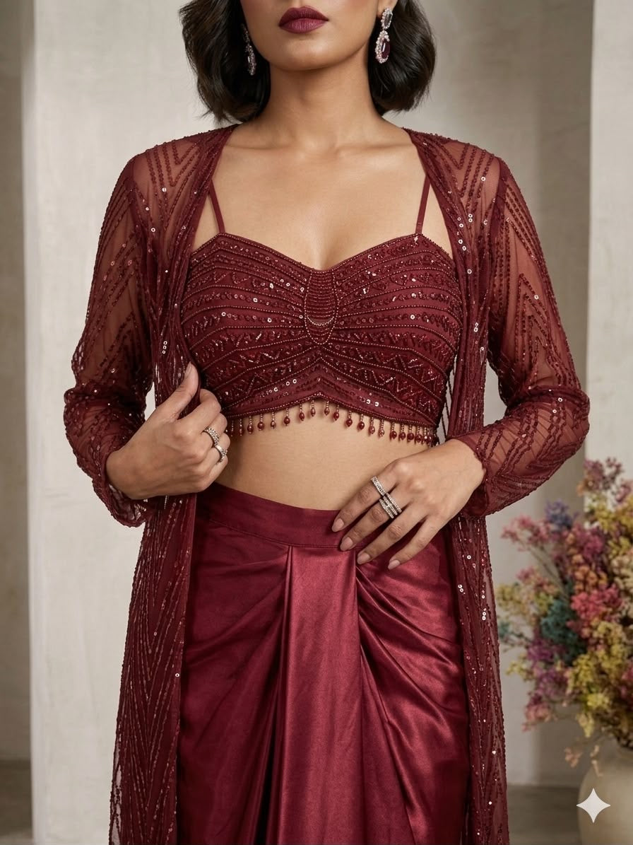 Luxury Butterfly Net Sequin Embroidered 3-Piece Skirt Set with Shrug