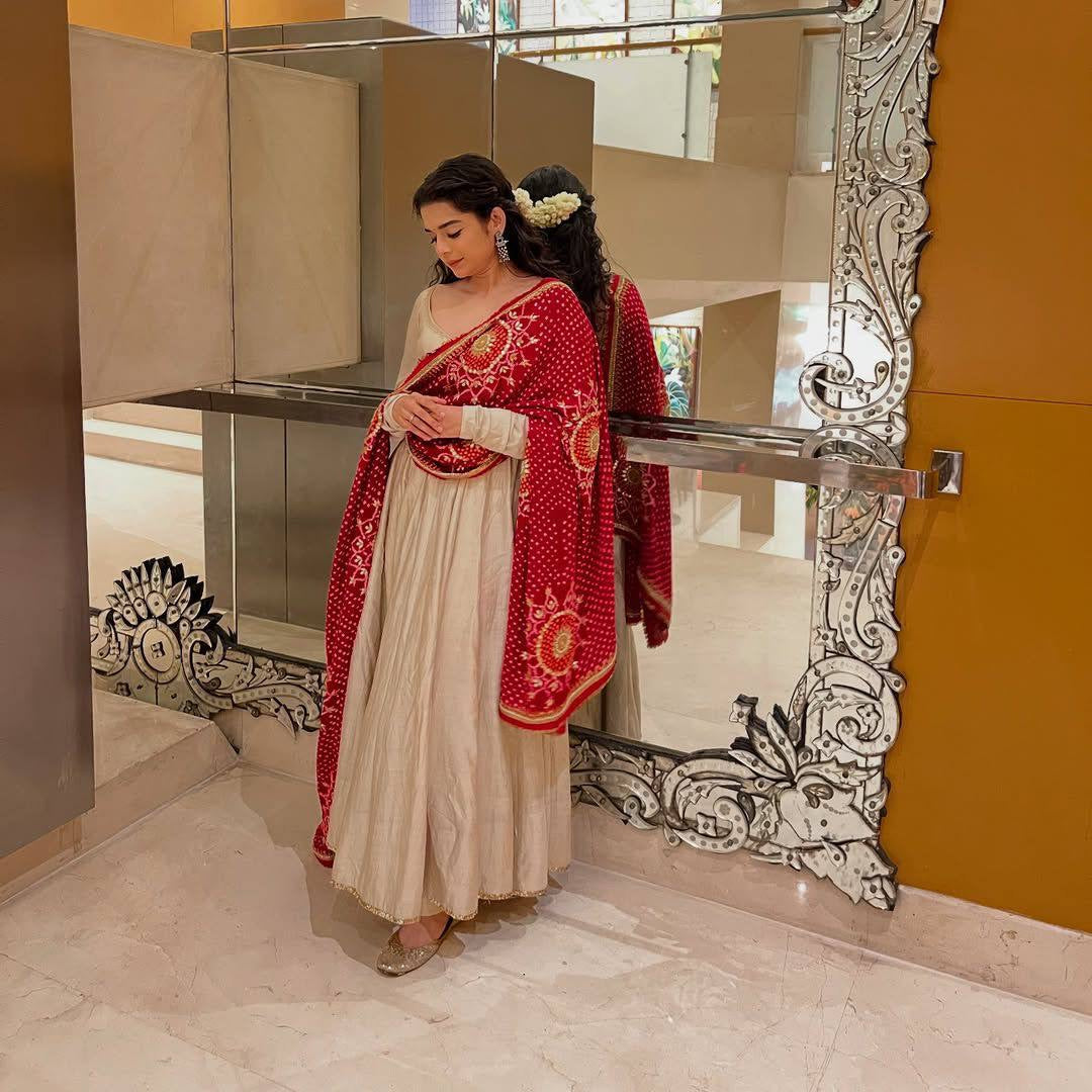 DESIGNER AND ELEGANCE GOWN IN THREE PIECE WITH  PRINTED BANDHNI DUPATTA