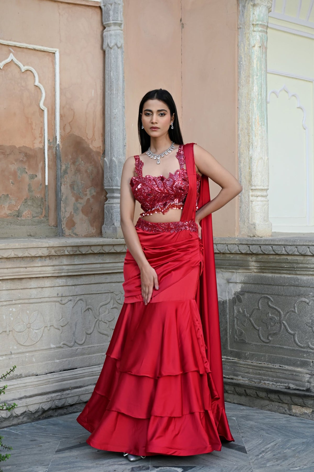Embroidered Crop Top with Draped Layered Lehenga Set