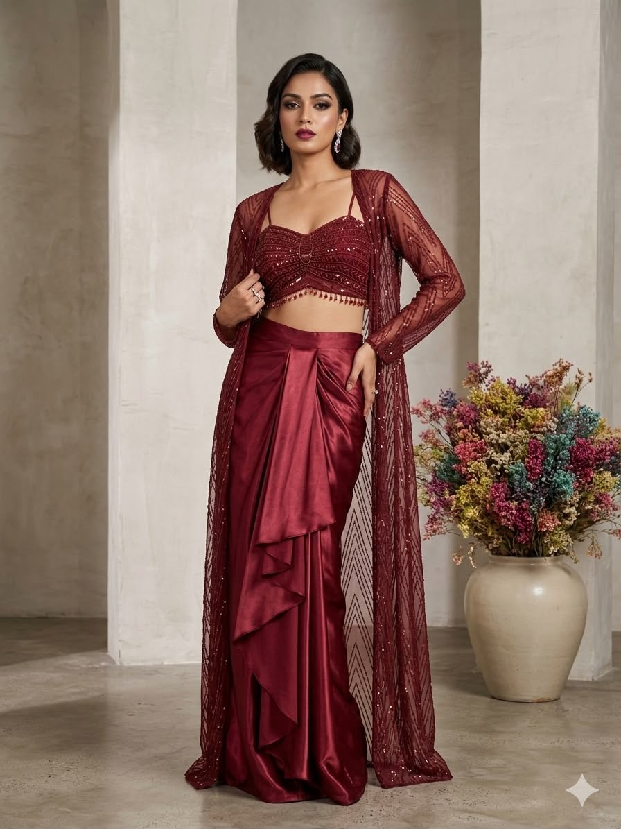 Luxury Butterfly Net Sequin Embroidered 3-Piece Skirt Set with Shrug