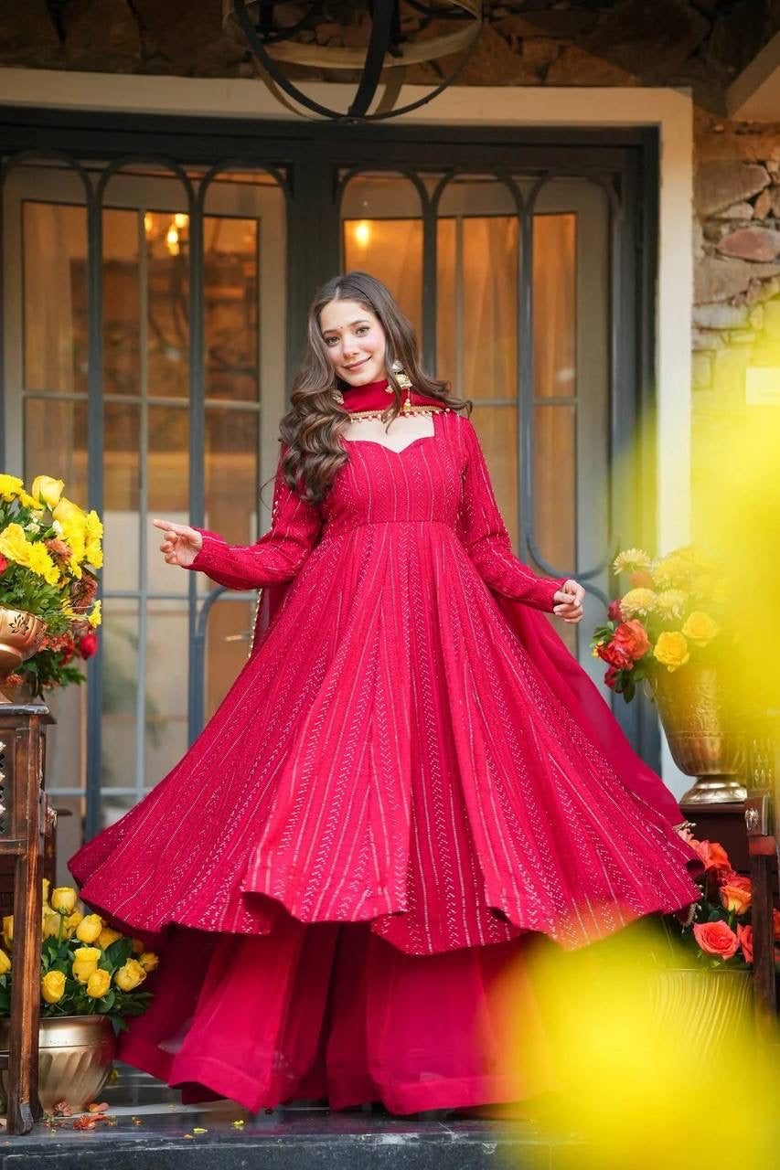 Premium*Anarkali *Lal-Pink*Suit Set* *[3 PIS]👗