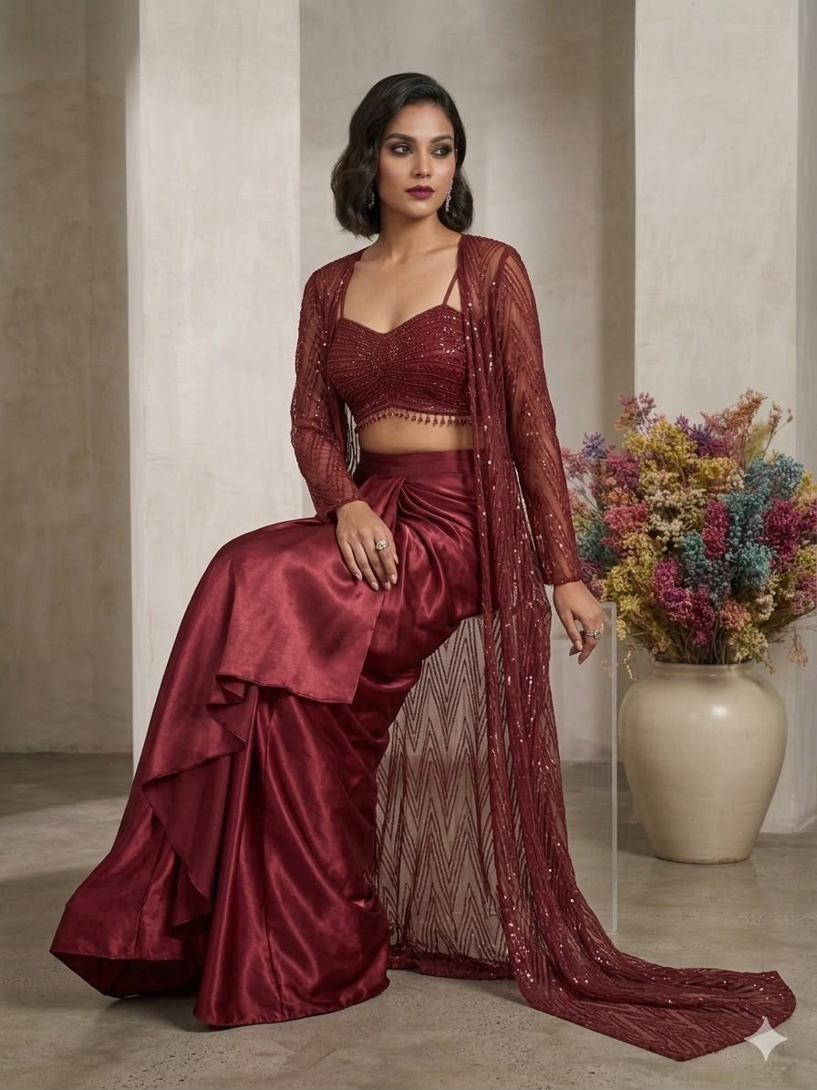 Luxury Butterfly Net Sequin Embroidered 3-Piece Skirt Set with Shrug
