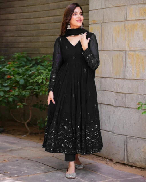 Black Embroidery Anarkali Suit Set