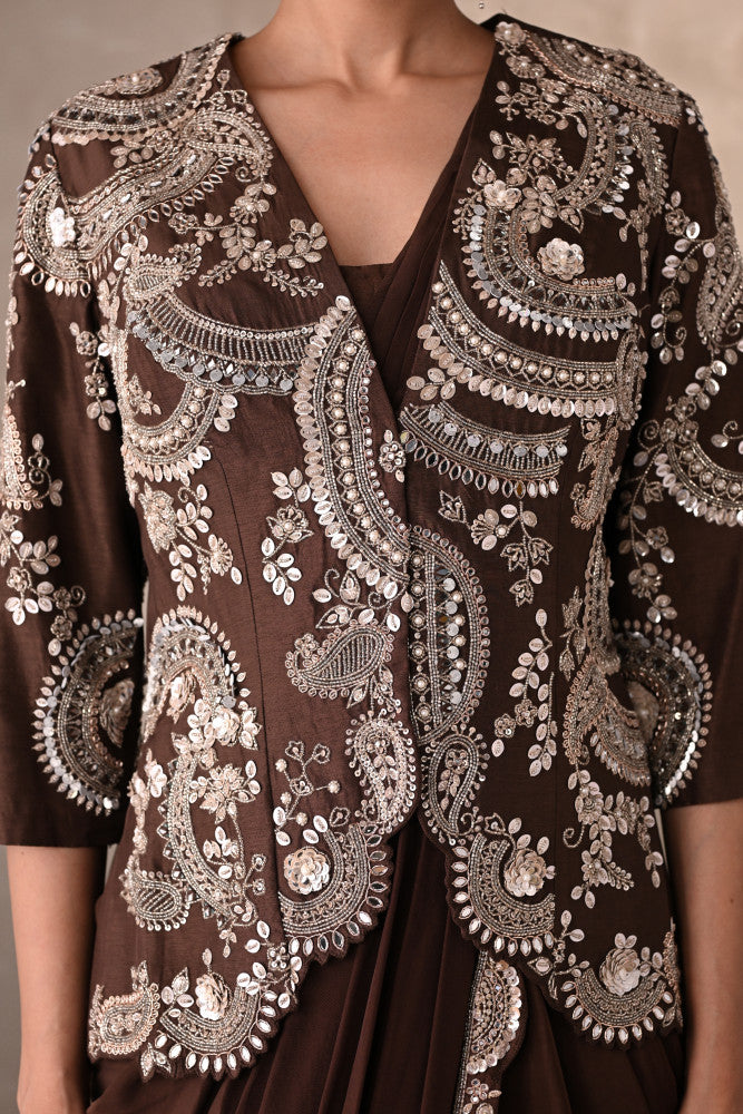Smoky Crepe Drape Saree With Embroidered Jacket