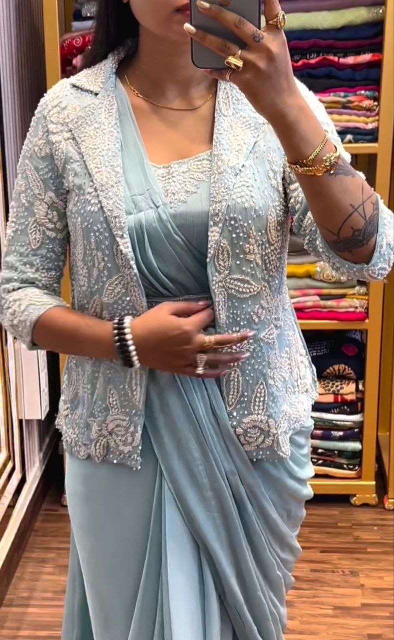 New Super Trending Embroidery Sequence work ready to wear saree with full koti