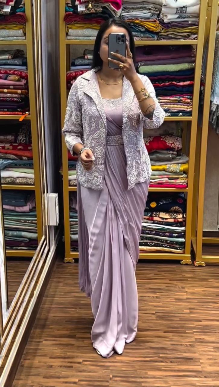 New Super Trending Embroidery Sequence work ready to wear saree with full koti