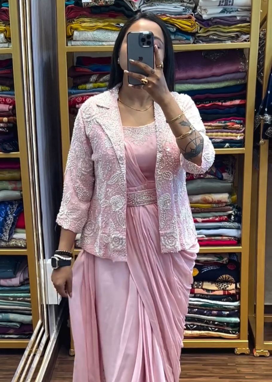 New Super Trending Embroidery Sequence work ready to wear saree with full koti
