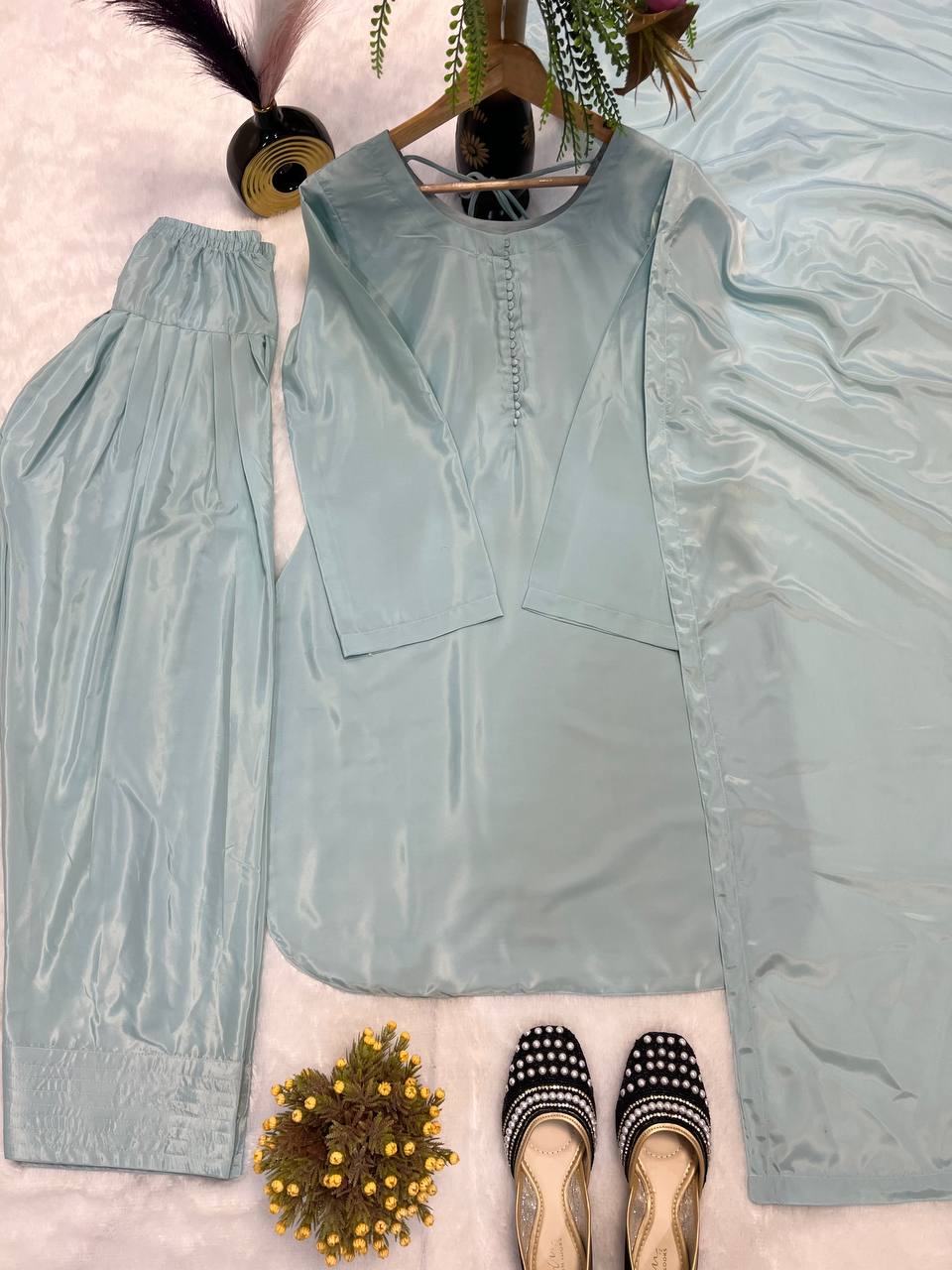 New Launching Natural Crep Silk Party Wear Look Top with Farshi Salwar And Natural Crep Silk Fancy border Dupatta