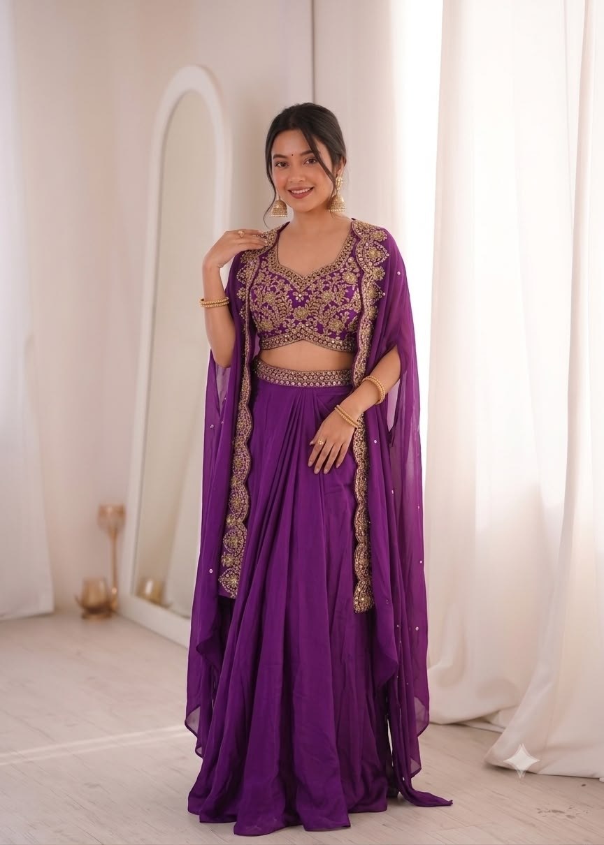 Party Wear Crepe Sharara Set with Embroidery and Shrug