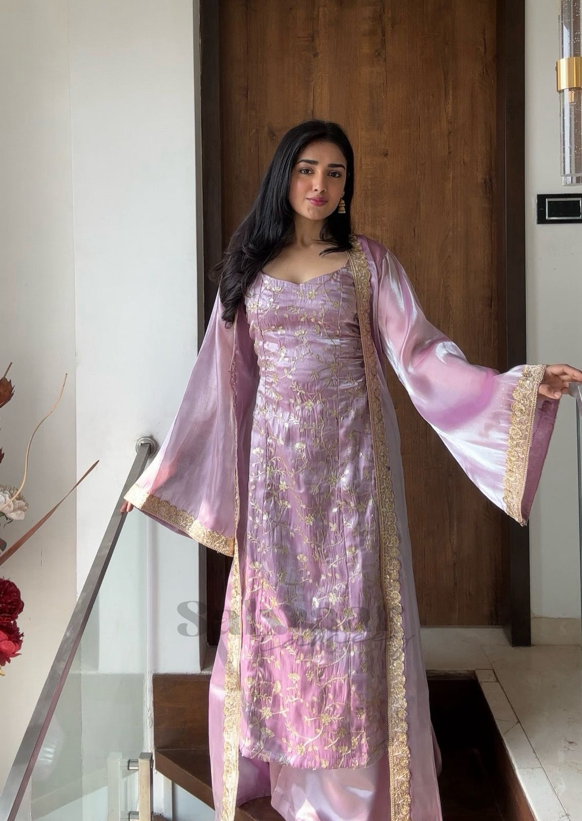 Lilac Three-Piece Jacket Set with Gold Embroidery