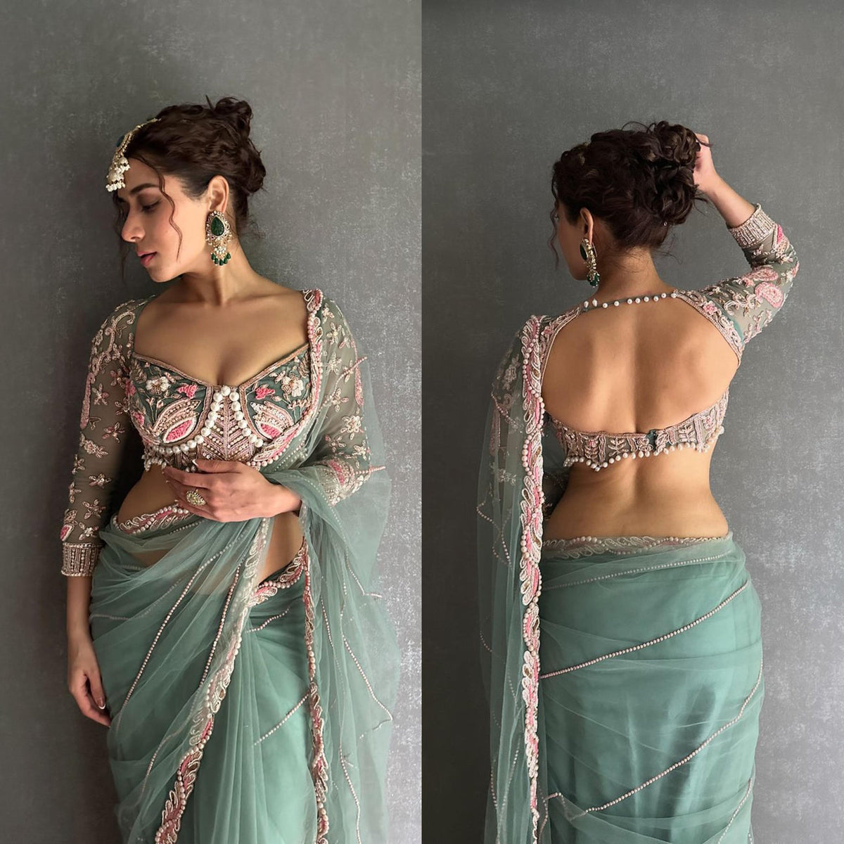 Wedding Wear Sky Color Butterfly Net Embroidery Work With Pearl Moti Work Designer Saree With Fancy Blouse
