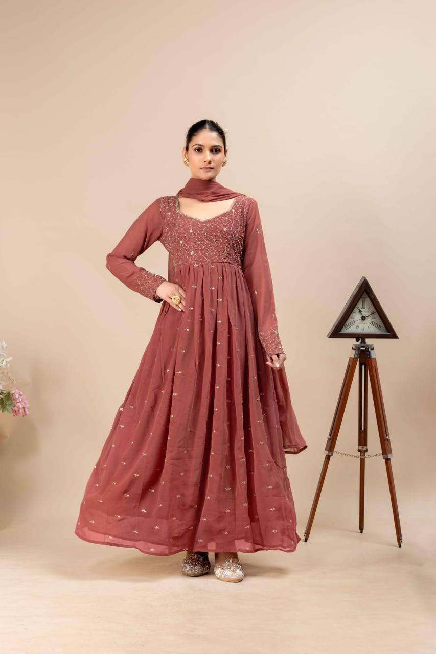 Brown Georgette Anarkali Gown with Intricate Embroidery