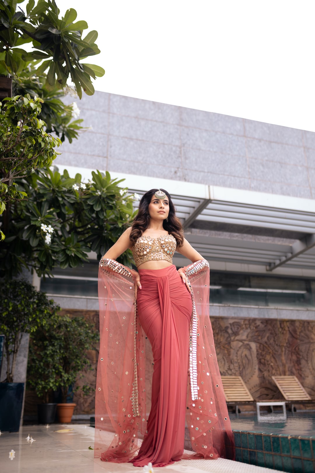 Shimmer Mirror Work Strapless Blouse & Drape Skirt Set