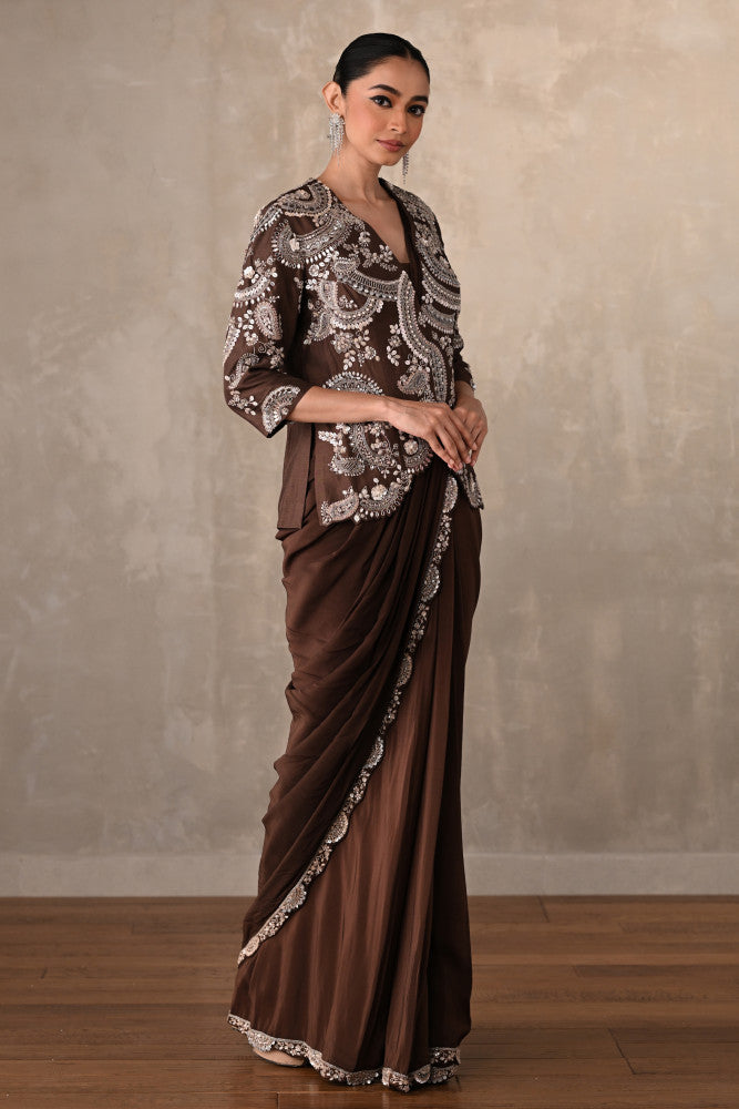 Smoky Crepe Drape Saree With Embroidered Jacket