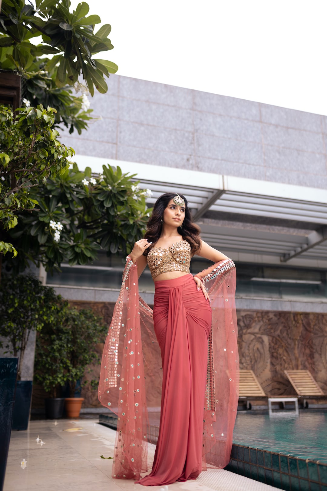 Shimmer Mirror Work Strapless Blouse & Drape Skirt Set