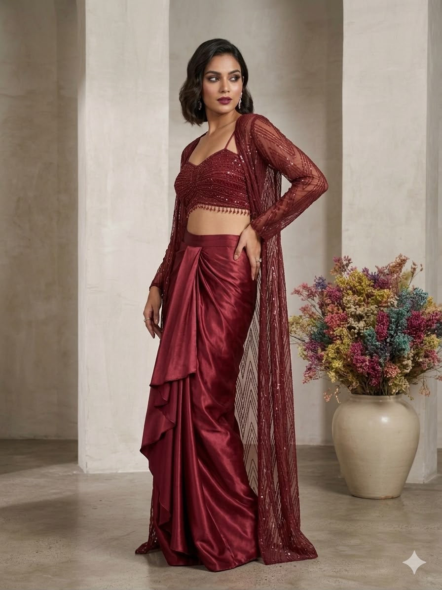 Luxury Butterfly Net Sequin Embroidered 3-Piece Skirt Set with Shrug