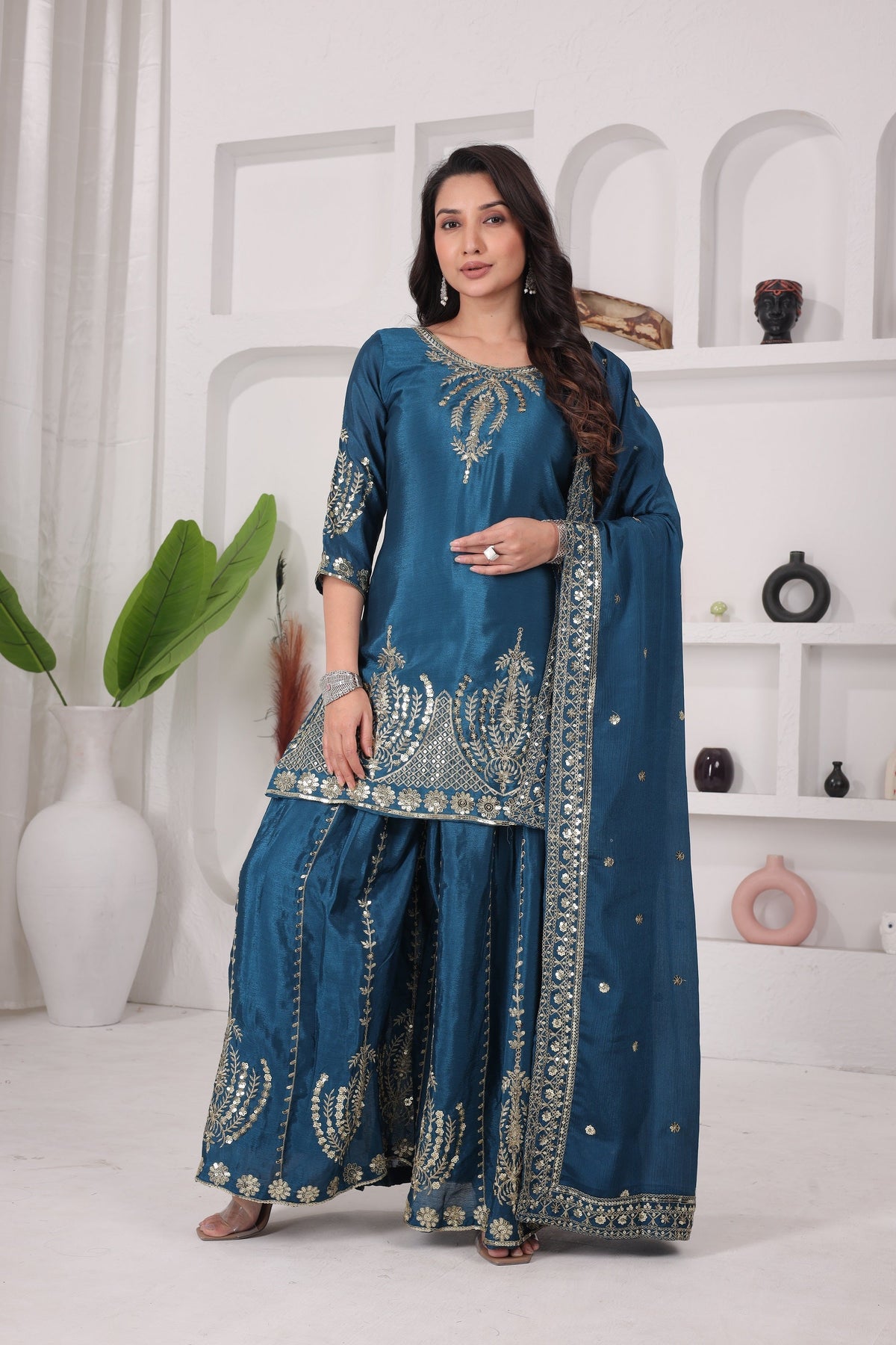 Chinon Silk Kurti Sharara Set with Embroidered Dupatta – Ethnic Party & Festive Wear