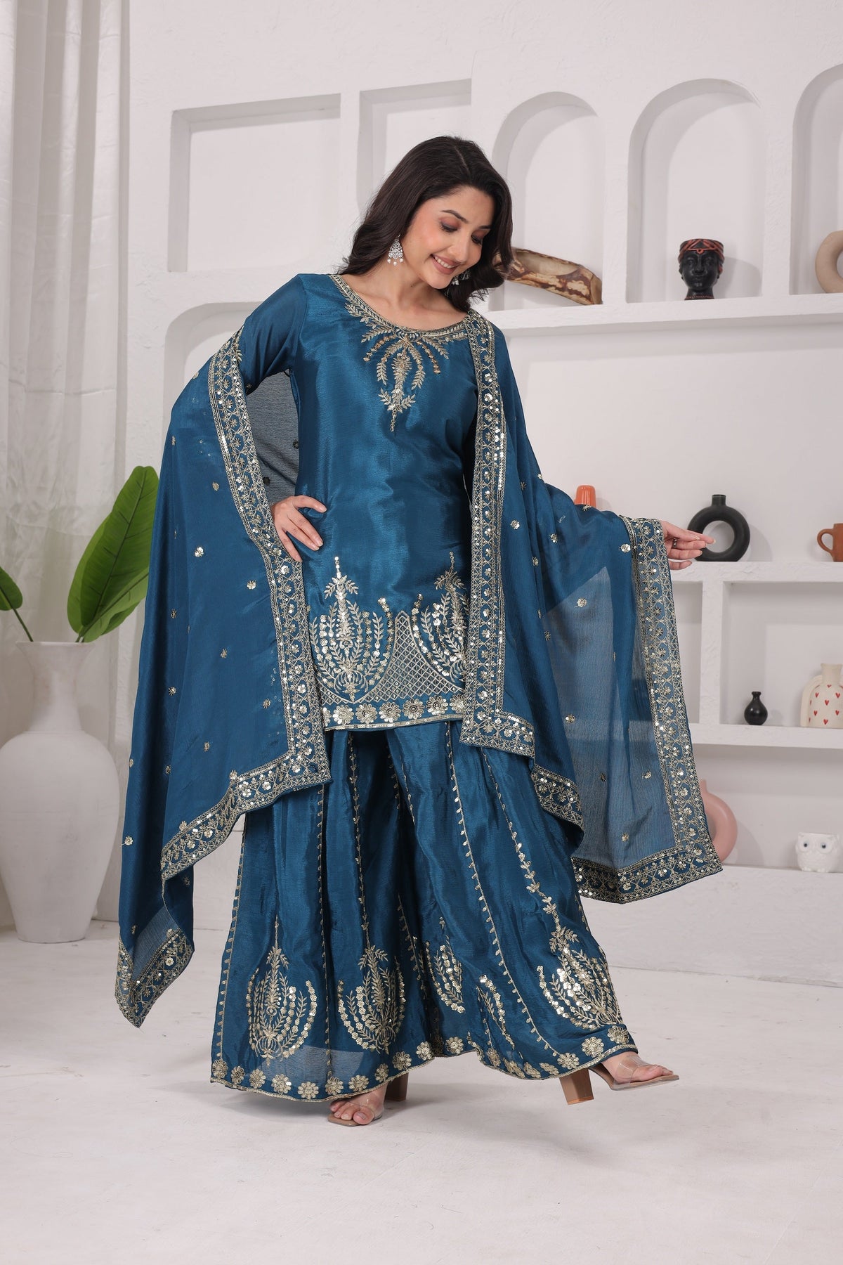 Chinon Silk Kurti Sharara Set with Embroidered Dupatta – Ethnic Party & Festive Wear