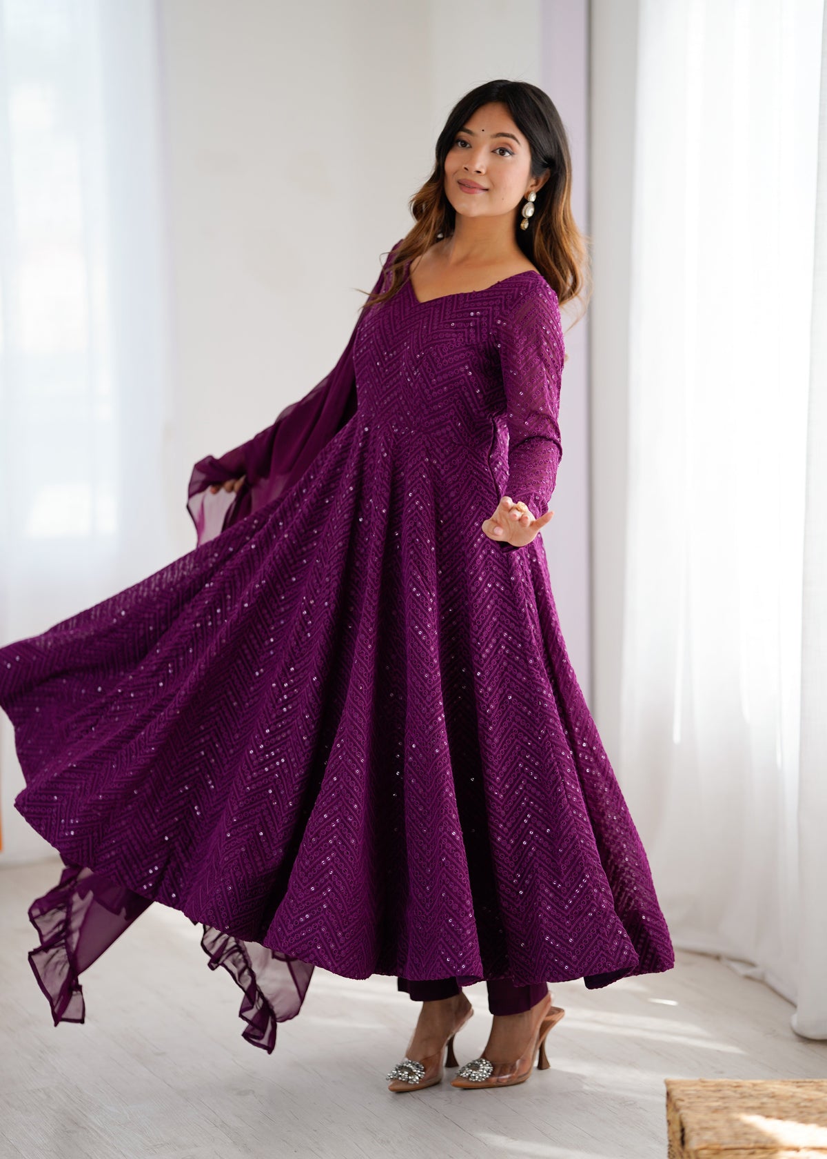 Purple Color New Arrival Designer Georgette Lucknowi Sequence Work Anarkali Set