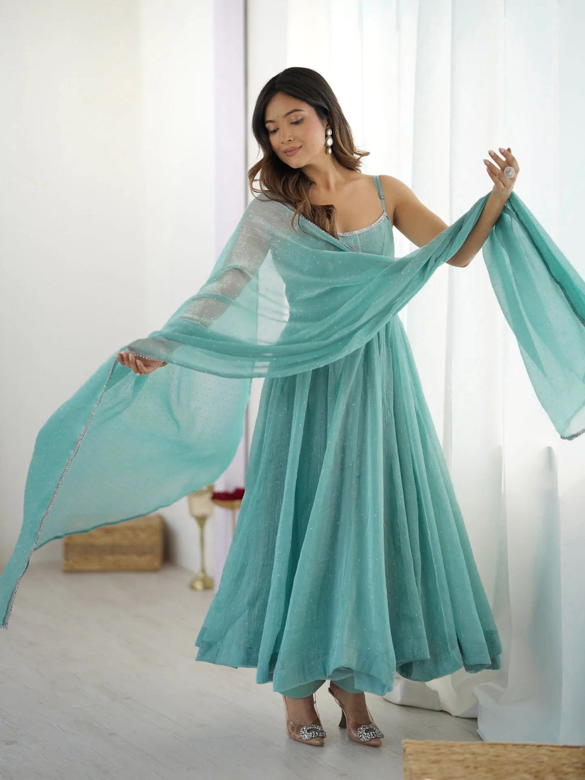 New Sky Color Siroksi Work in Crunchy Silk Fabric Anarkali Set