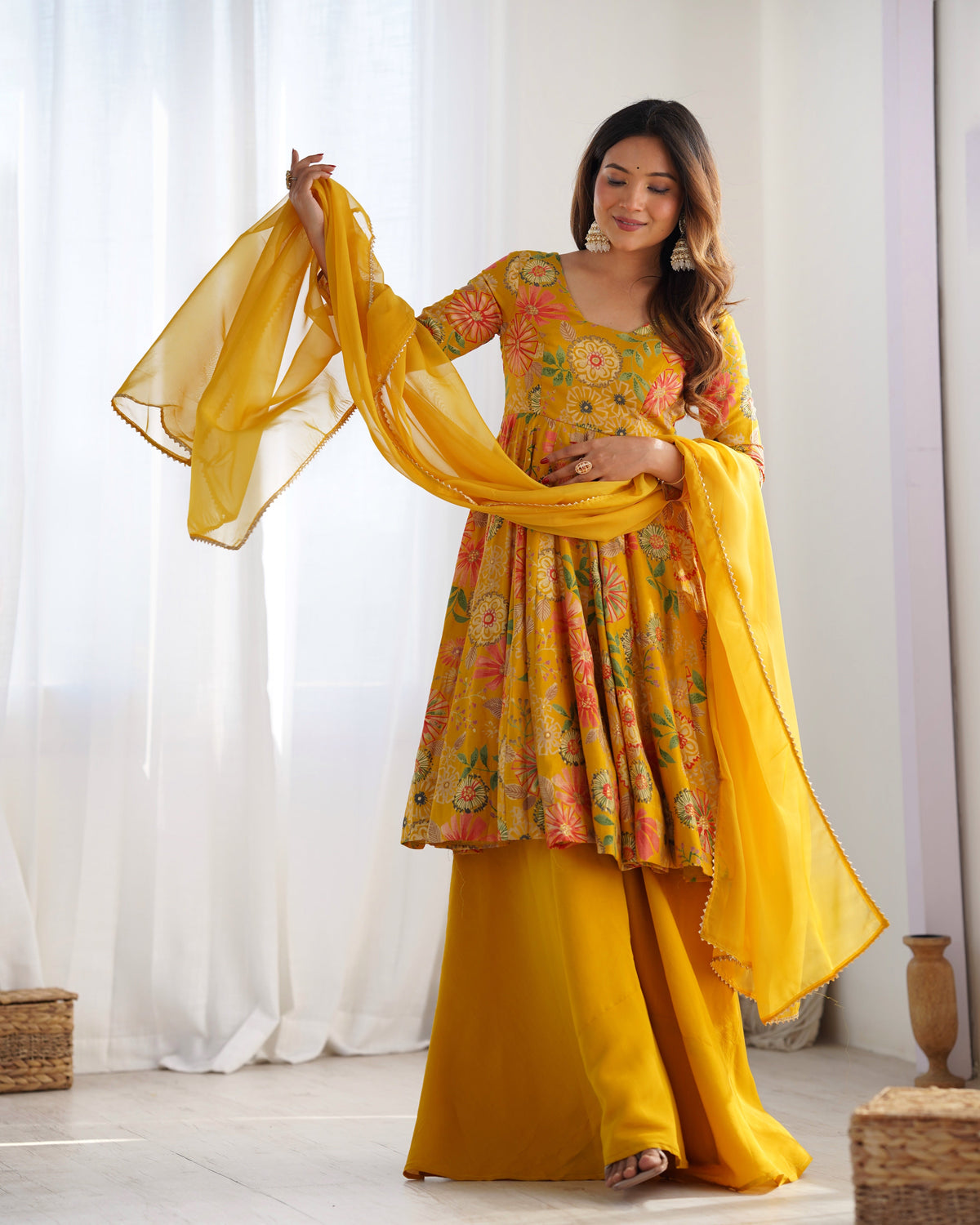 Yellow Color Heavy Pure Roman Silk Kediya Kurta Set with Plazzo And Dupatta Set