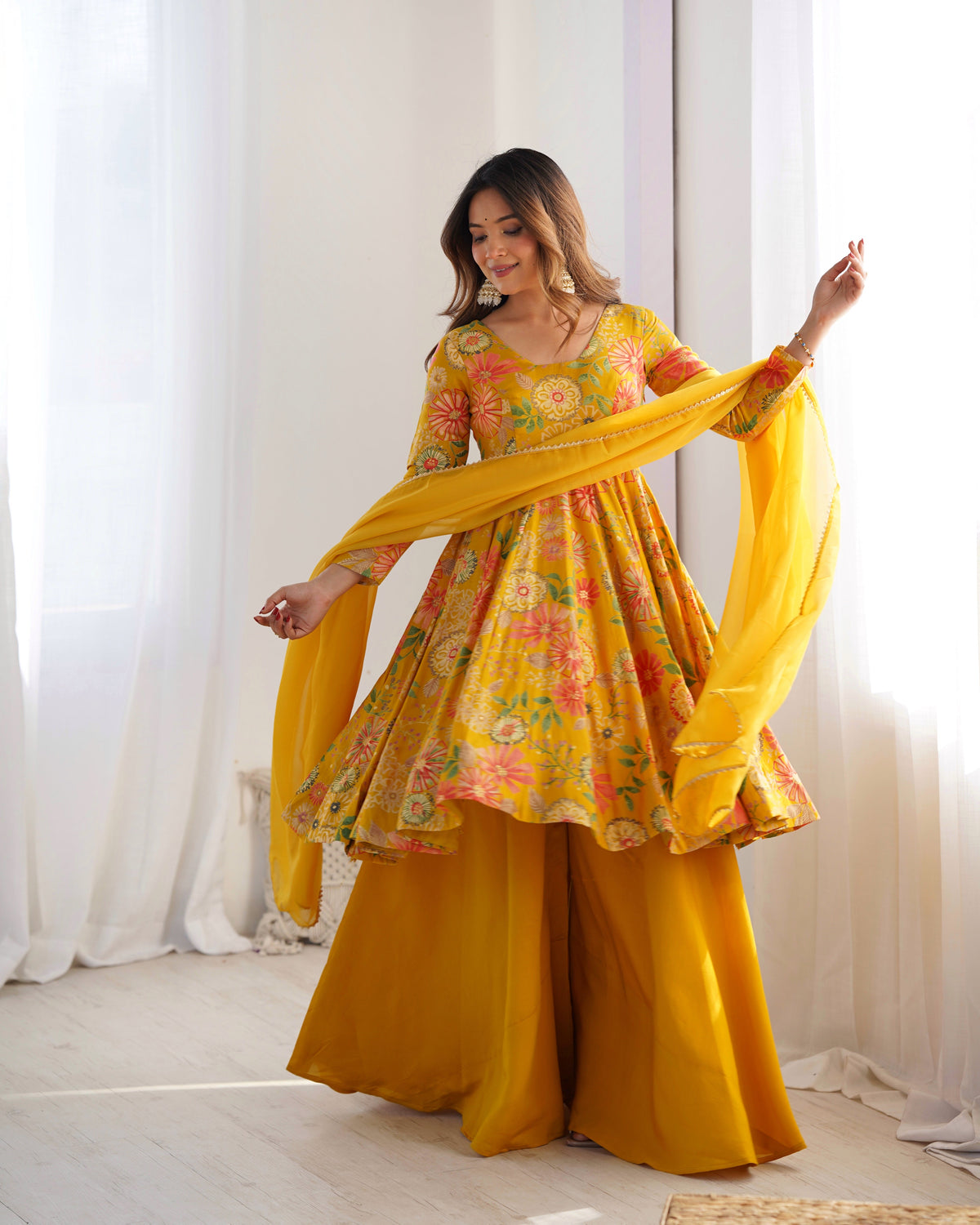 Yellow Color Heavy Pure Roman Silk Kediya Kurta Set with Plazzo And Dupatta Set