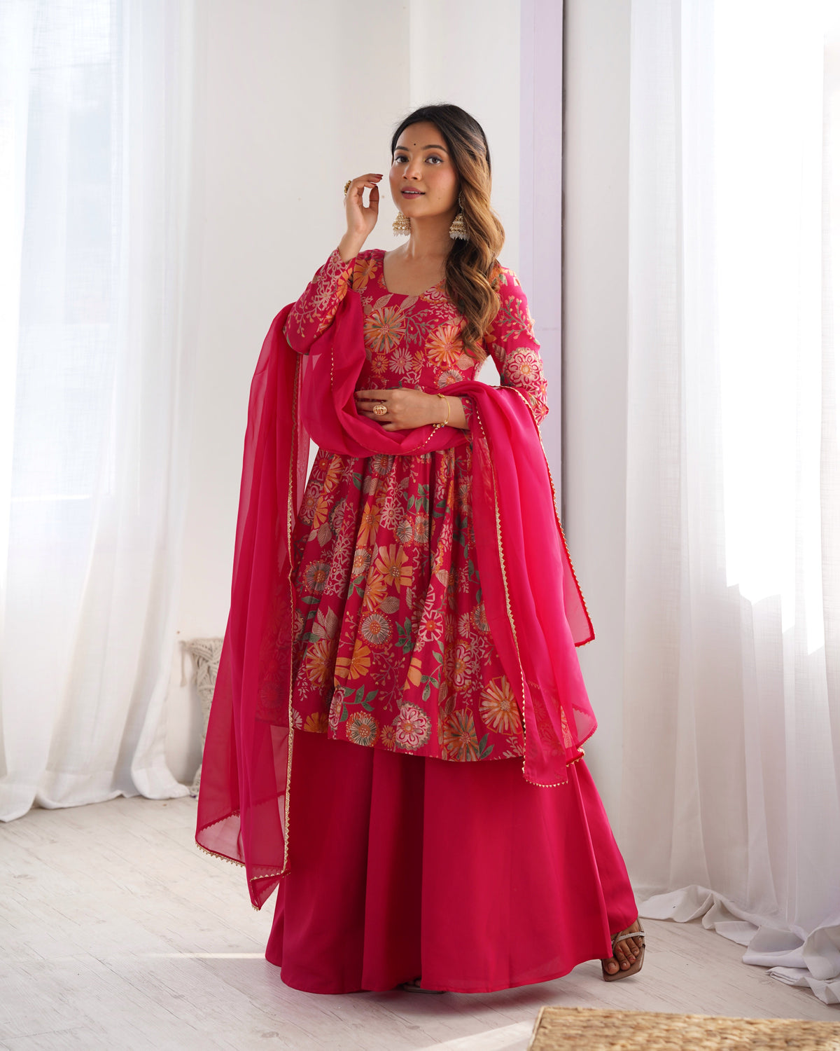 Red Color Heavy Pure Roman Silk Kediya Kurta Set with Plazzo And Dupatta Set