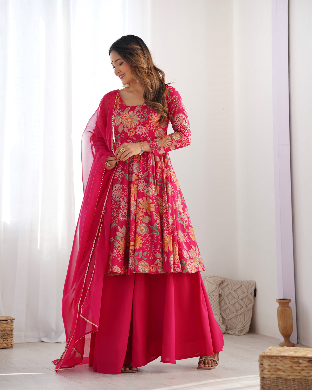 Red Color Heavy Pure Roman Silk Kediya Kurta Set with Plazzo And Dupatta Set