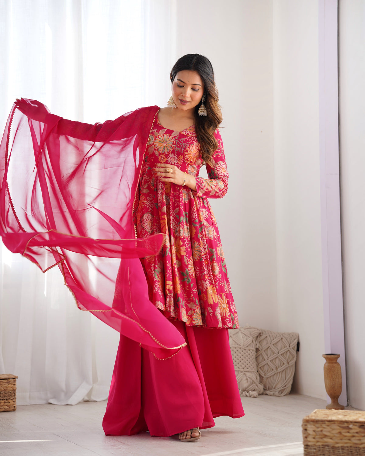 Red Color Heavy Pure Roman Silk Kediya Kurta Set with Plazzo And Dupatta Set