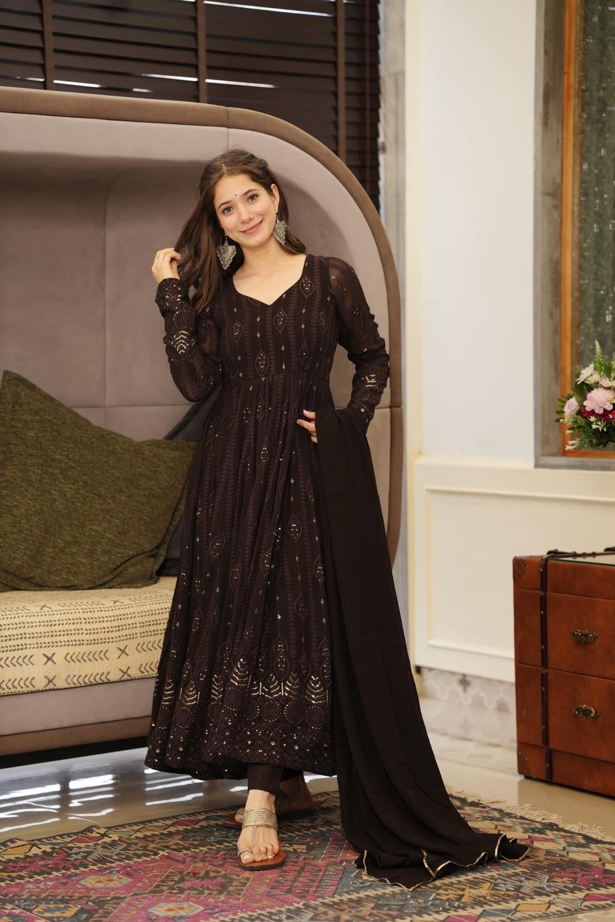 Sanaya's Black And Red Anarkali Suit Set-Fill Stiched