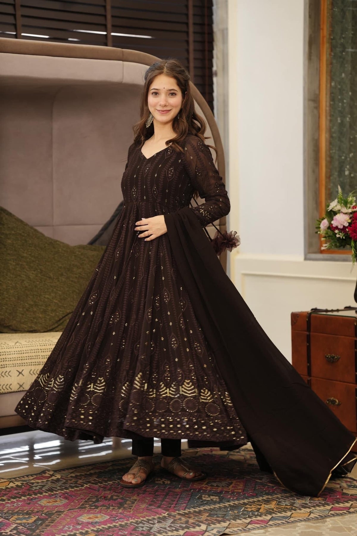 Sanaya's Black And Red Anarkali Suit Set-Fill Stiched