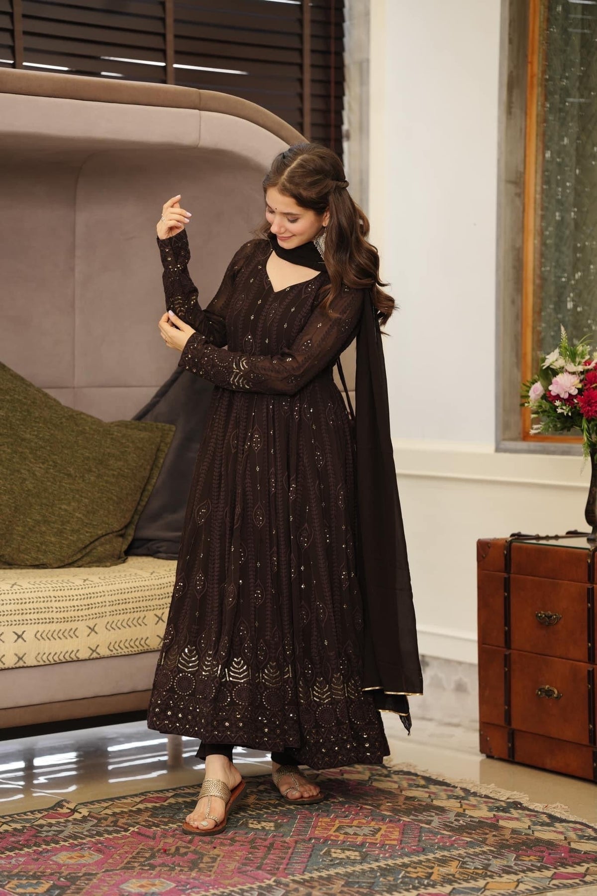 Sanaya's Black And Red Anarkali Suit Set-Fill Stiched