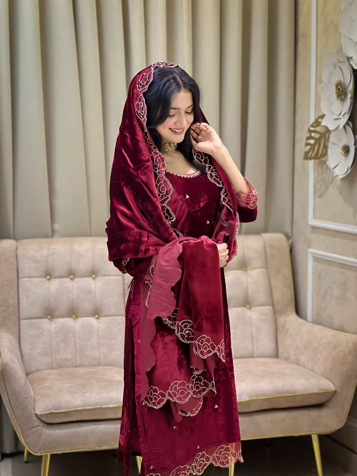 Designer Party Wear Viscose Velvet Top, Pant and Dupatta Set with Rhinestone and Embroidery Work