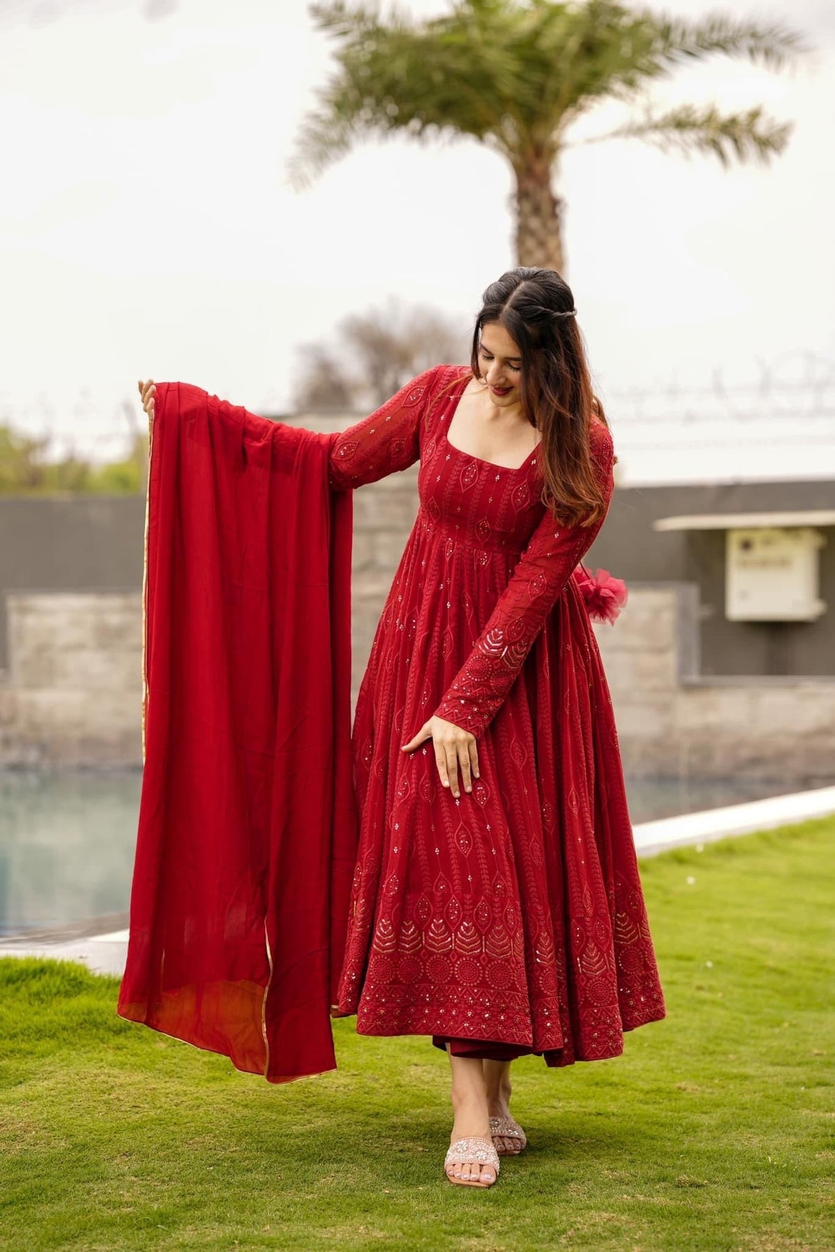 Sanaya's Black And Red Anarkali Suit Set-Fill Stiched