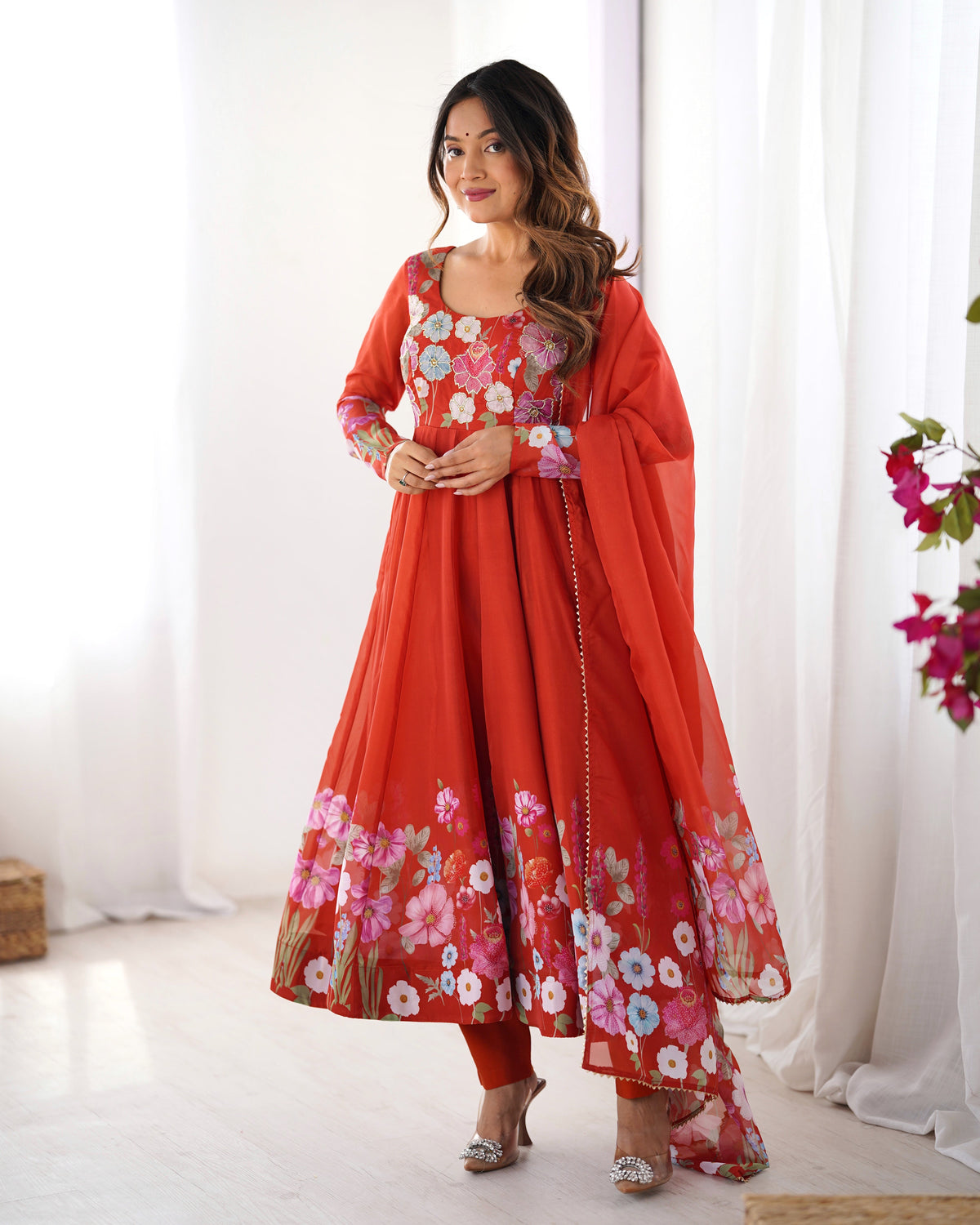 Orange Color Organza Silk Kurta with Handwork Anarkali Suit