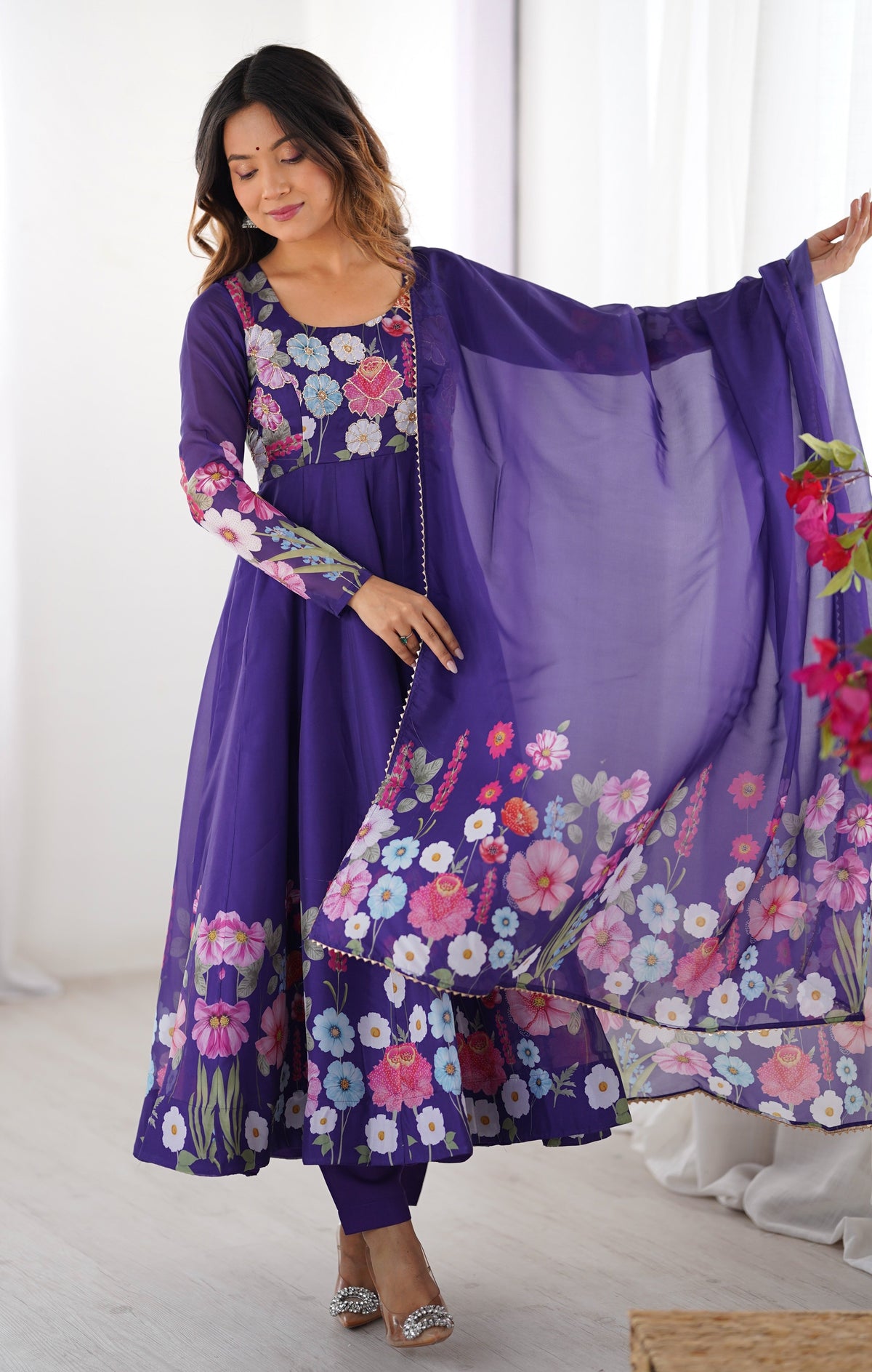 Blue Color Organza Silk Kurta with Handwork Anarkali Suit