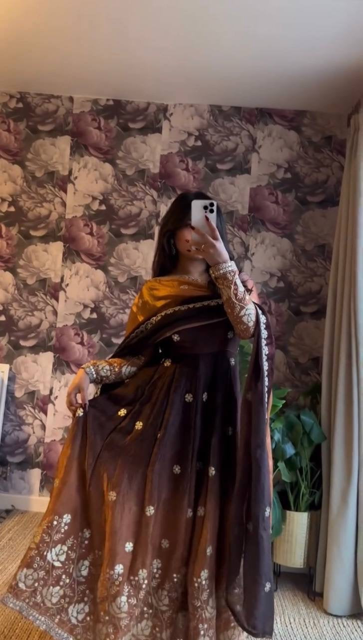 Festive Embroidered Chinon Silk Anarkali Pant Suit