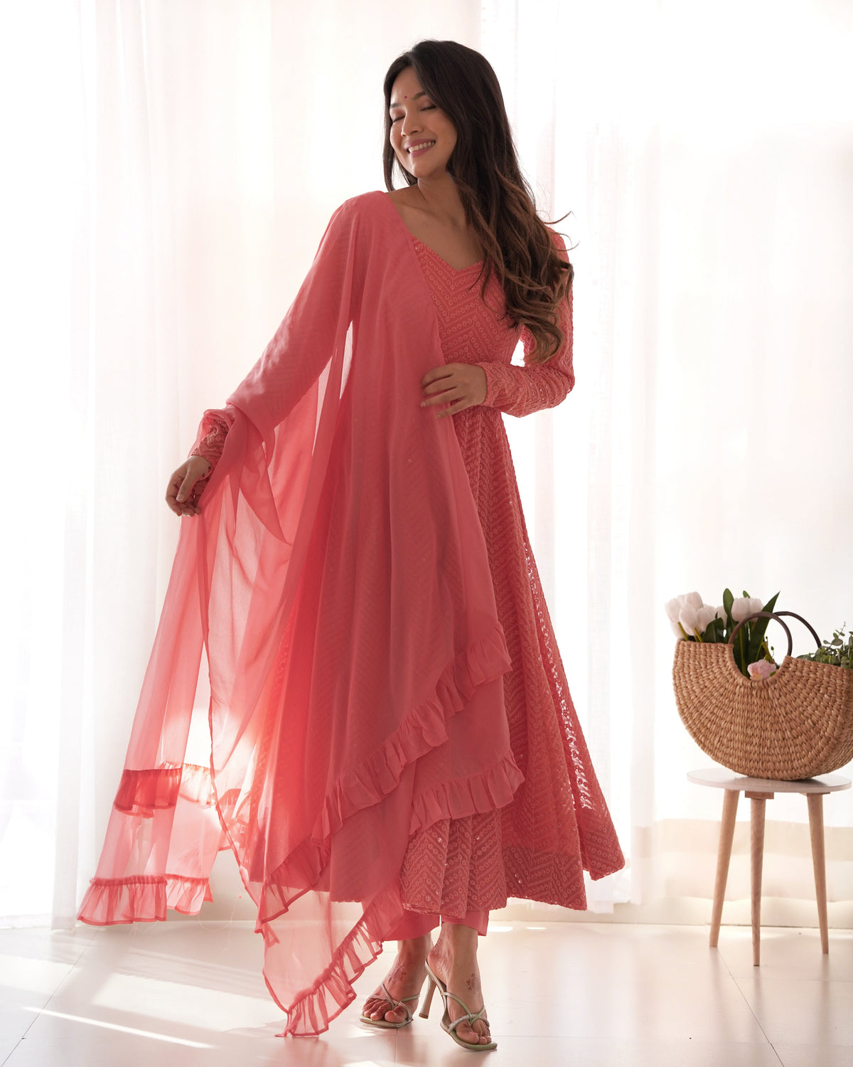 Peach Color Premium Lucknowi Sequin Work Anarkali Set