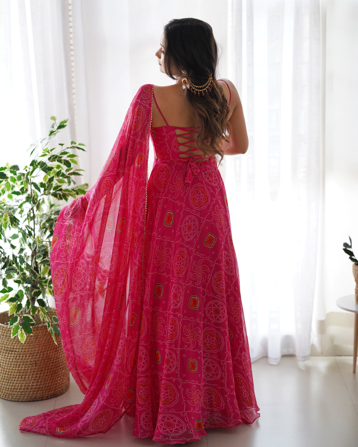 CHIFFON BANDHEJ ANARKALI SUIT SET