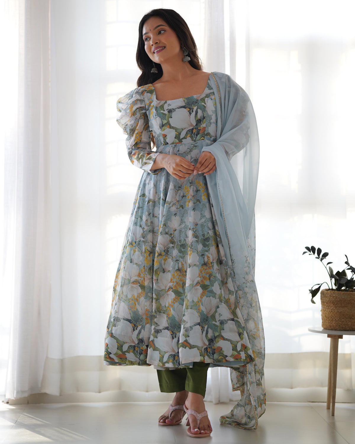 New Designer Floral Organza Silk Anarkali Set with Gota Patti Dupatta