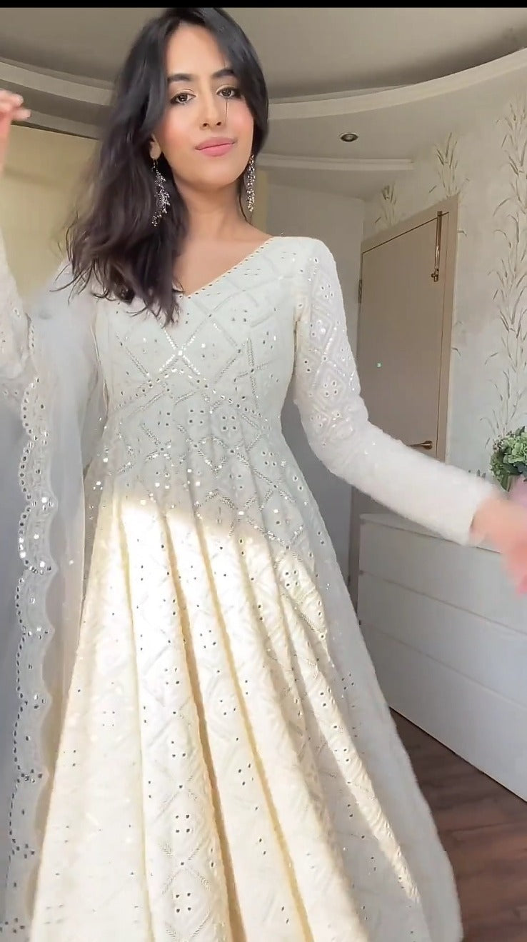 White Color Designer Partywear Lucknavi Embroidery Anarkali Suit Set