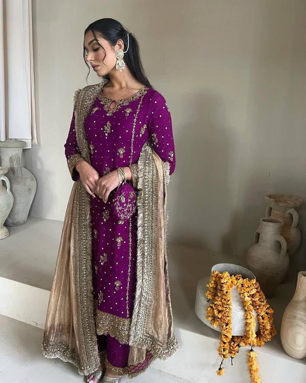 Luxury Faux Georgette Embroidered Set | Sequin & Moti Work Top with Dupatta and Pant