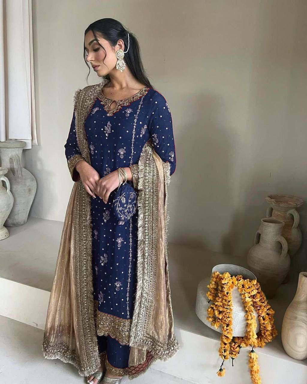 Luxury Faux Georgette Embroidered Set | Sequin & Moti Work Top with Dupatta and Pant