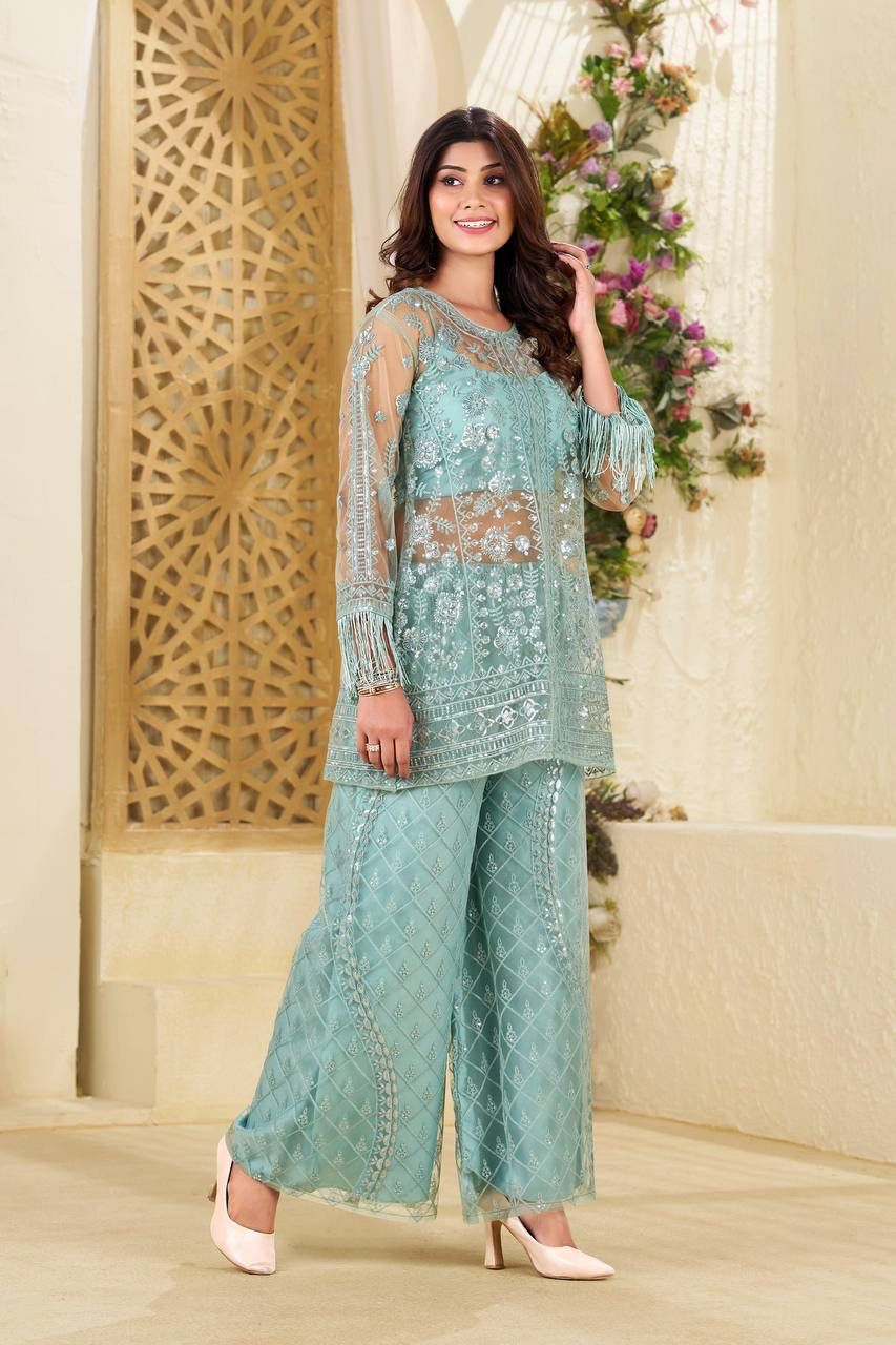 New Trending Real Shoot Butterfly Sequin Embroidery Top & Palazzo Set with Blouse