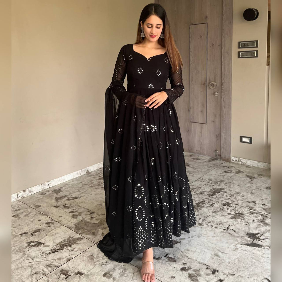 Black Designer Anarkali Suit Set-Full Stiched