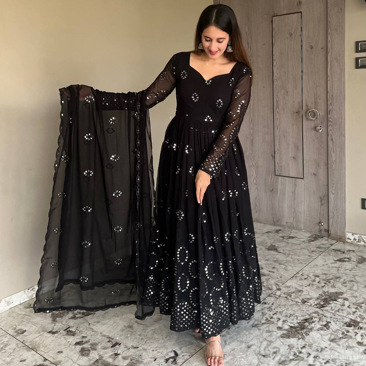 Black Designer Anarkali Suit Set-Full Stiched