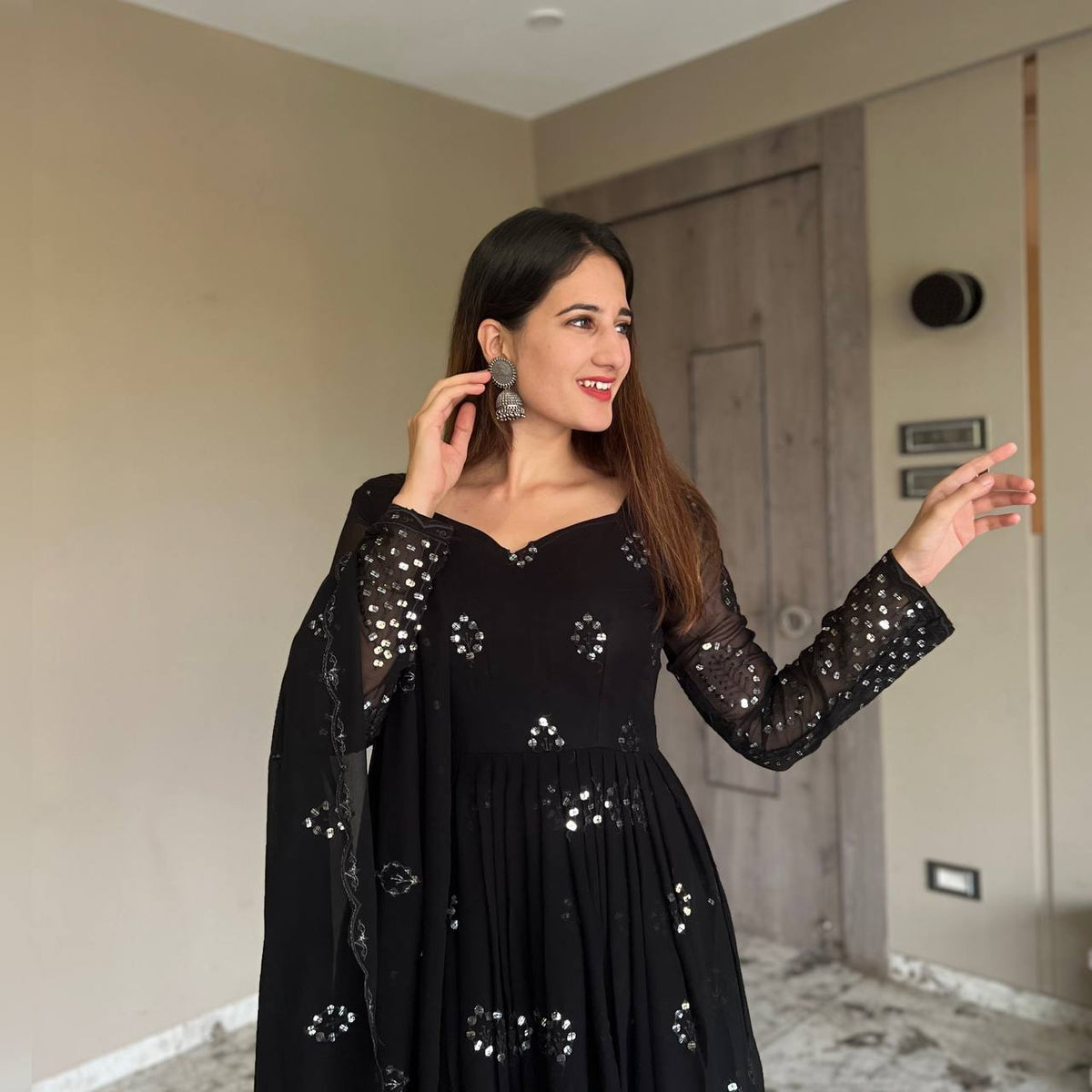 Black Designer Anarkali Suit Set-Full Stiched
