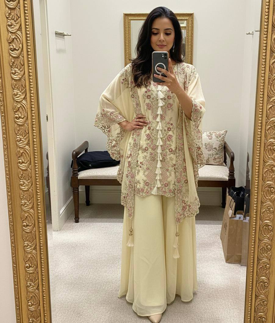 Designer Kurta Plazzo Set with Embroidered Shrug