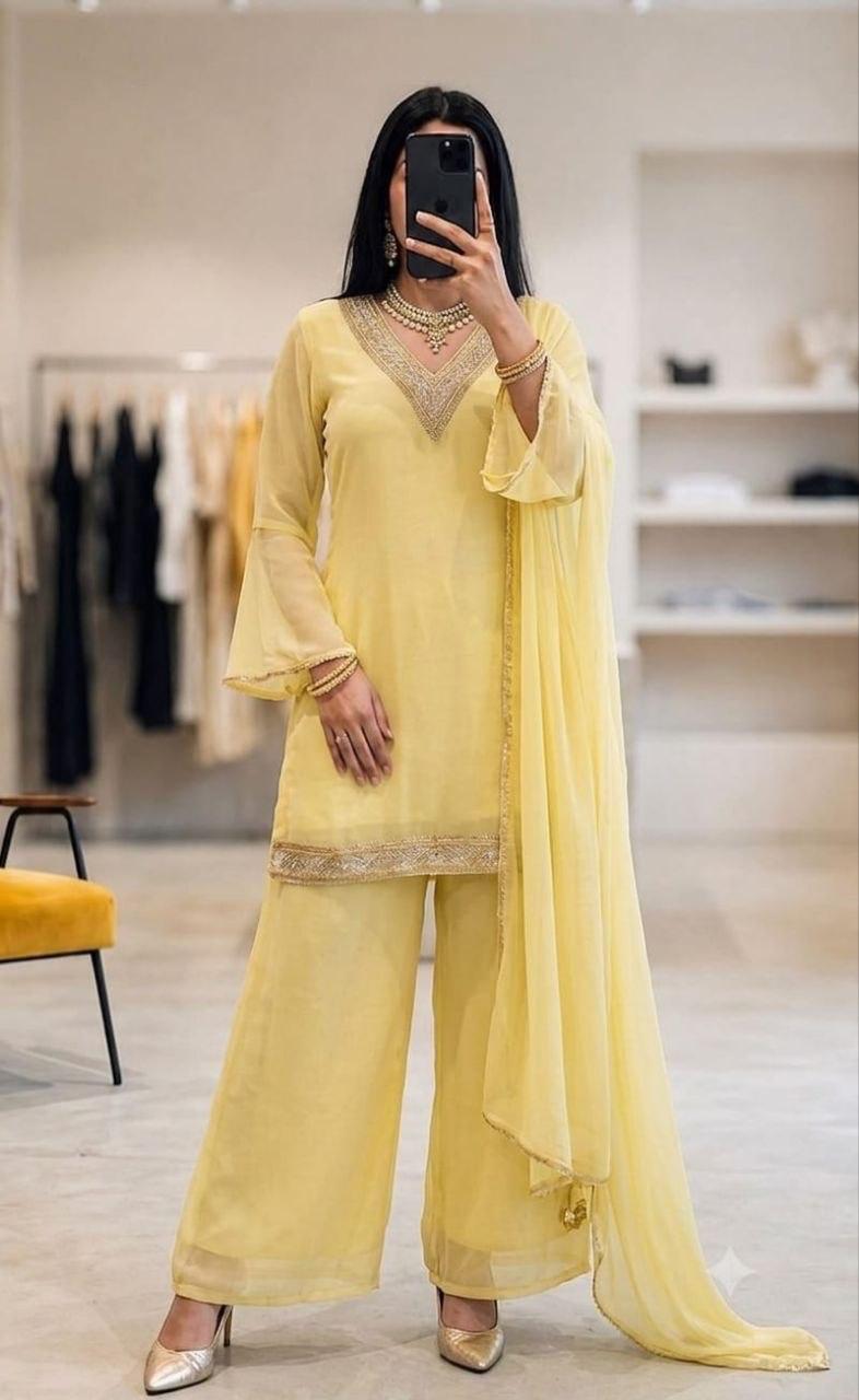 Zaria Embroidered Faux Georgette Palazzo Set